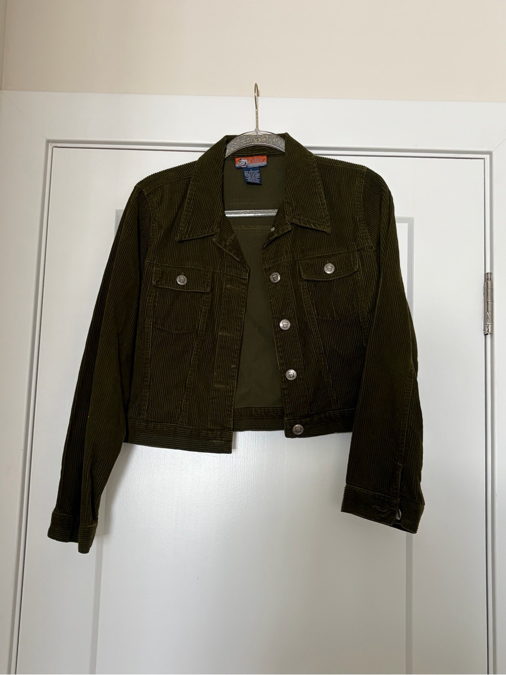 Cropped Corduroy Jean Jacket in Olive Green